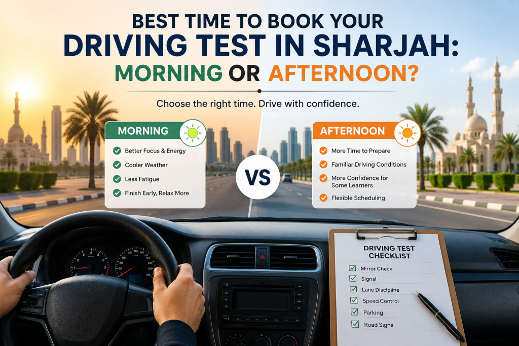 best time for driving test Sharjah